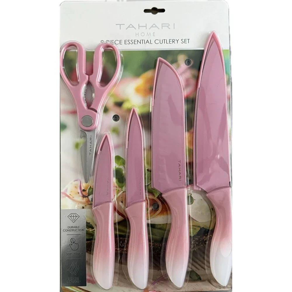 9-Piece Essential Cutlery Set Pink Knives w/ Sheaths & Scissors